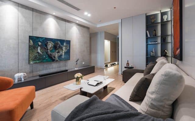 Vách tivi và hệ tủ trang trí căn hộ Smart City