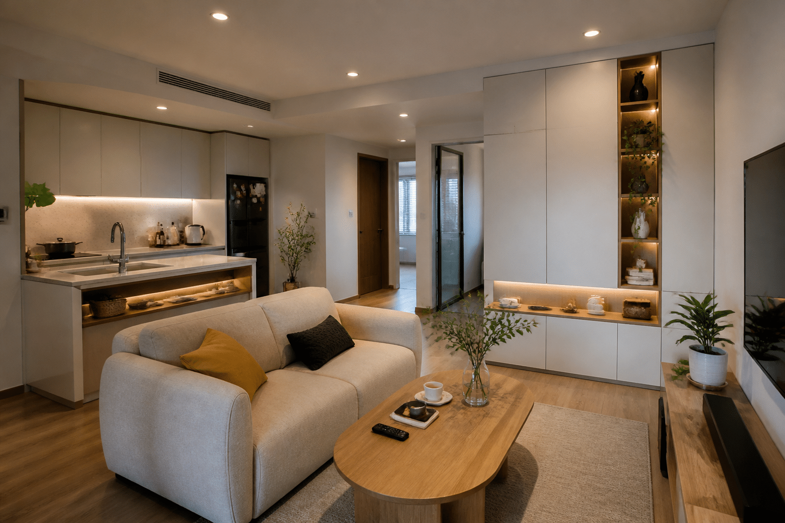 Phòng khách và bếp căn hộ 70m2 bố trí thông thoáng cho gia đình có trẻ nhỏ