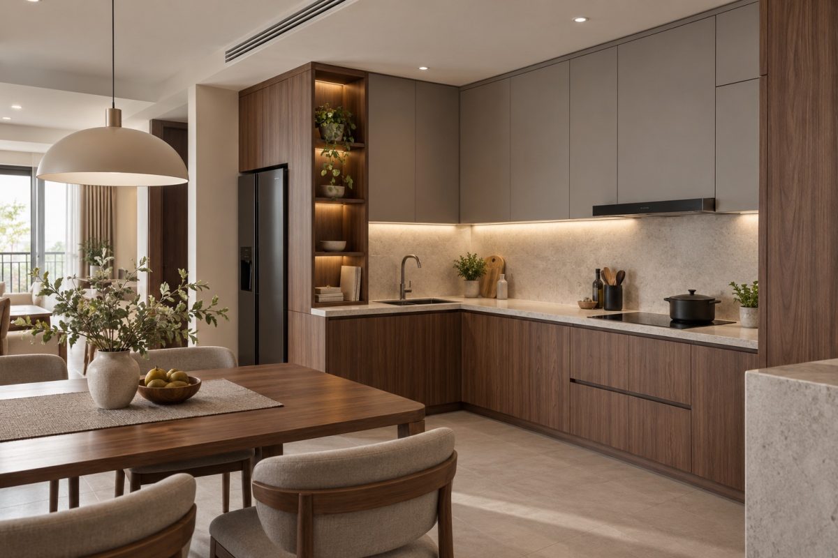 Tủ bếp gỗ công nghiệp hiện đại phối laminate vân gỗ và màu xám ấm